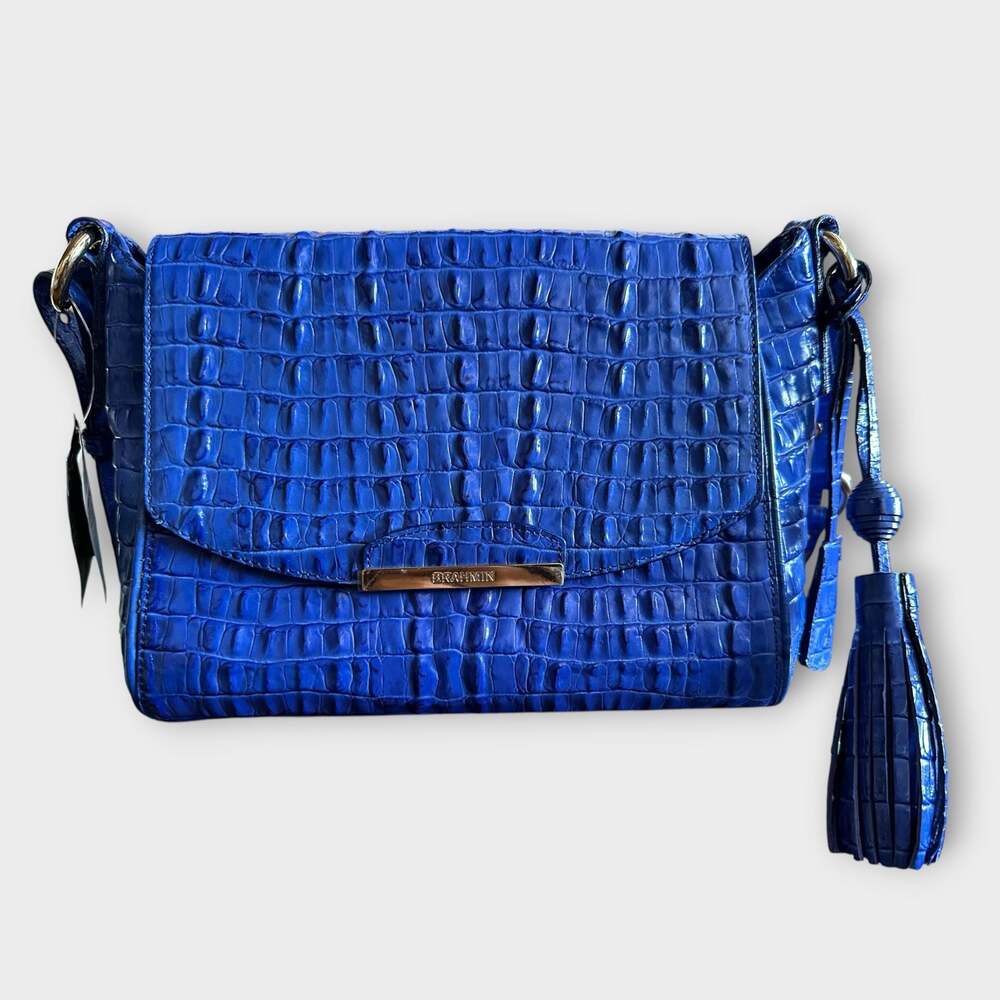 Brahmin Sloane Flap Crossbody Bag Indigo Strada Croc Embossed Leather